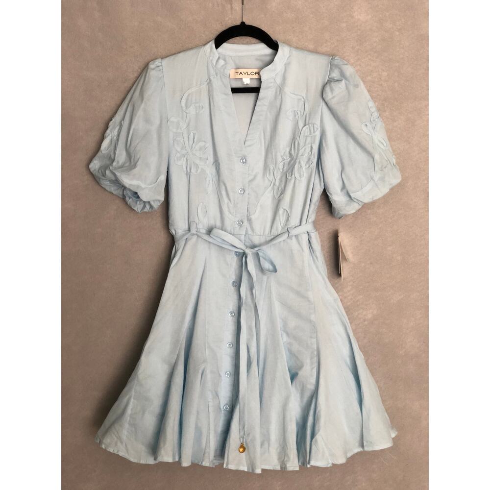 Taylor Soutache Shirt Dress Puff Sleeves Powder Blue Women's Size 4 NEW